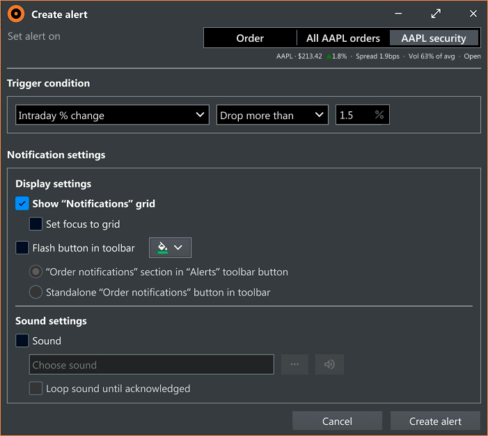 Create alert dialog with scope tabs: Order, All AAPL orders, AAPL security